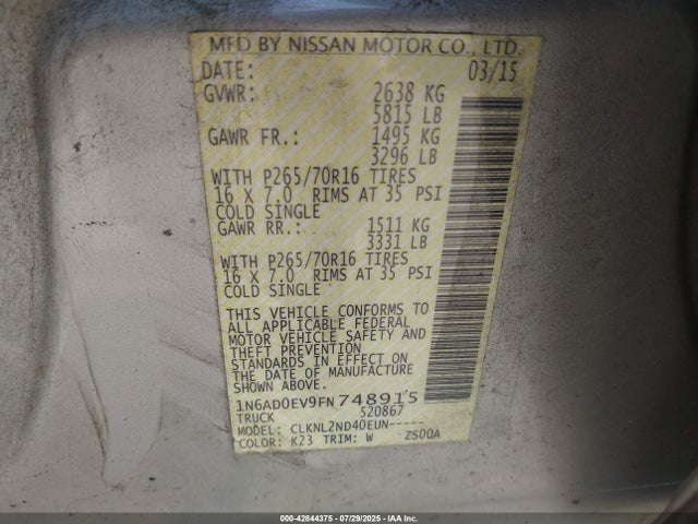 Nissan Frontier 2015 1N6AD0EV9FN748915 Image 9
