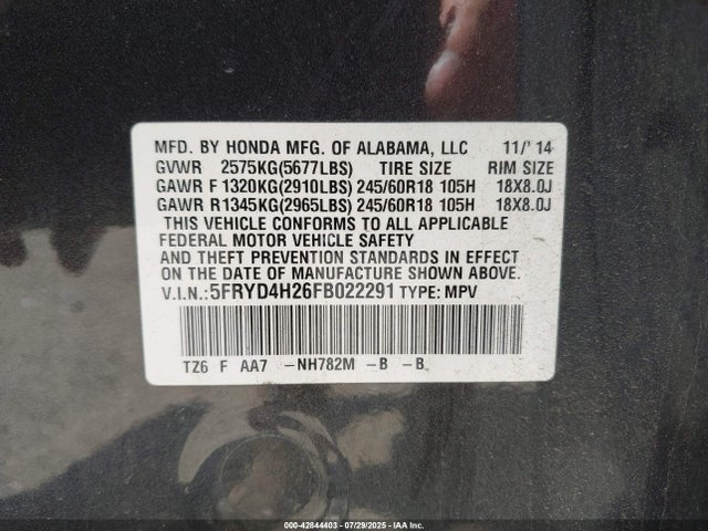 Acura j35y5 2015 5FRYD4H26FB022291 Image 9