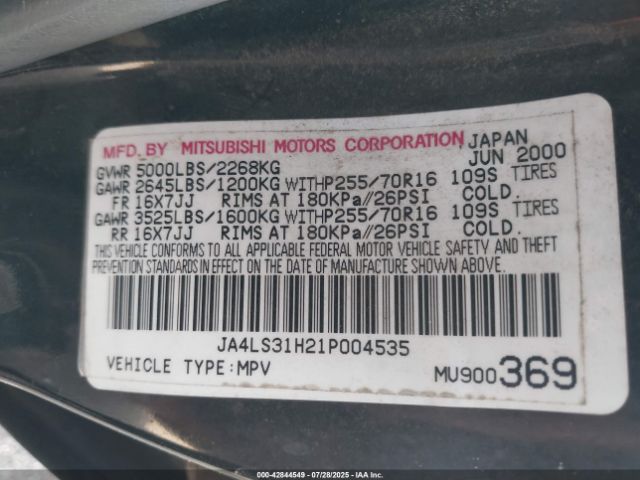 2001 MITSUBISHI MONTERO SPORT JA4LS31H21P004535 Photo 8