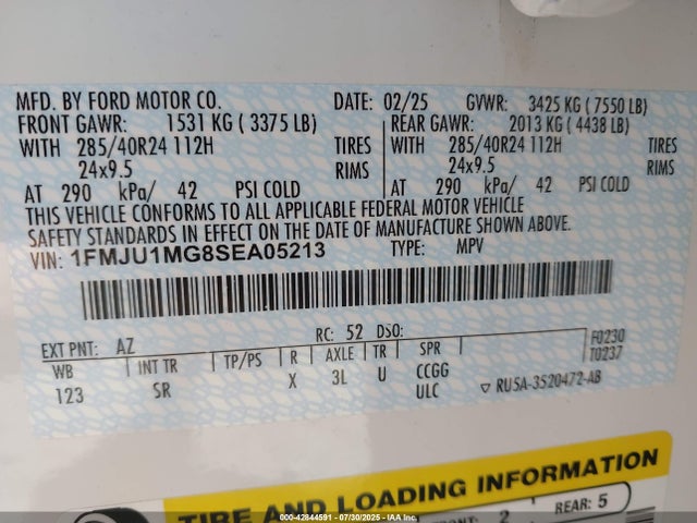 42844591 :رقم المزاد ، 1FMJU1MG8SEA05213 vin ، 2025 Ford Expedition Platinum مزاد بيع