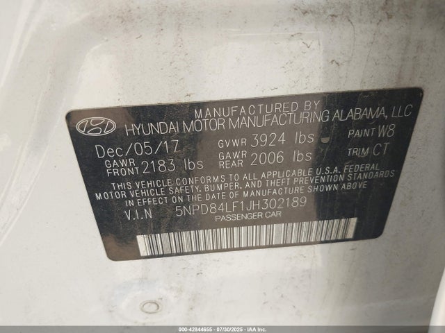 5NPD84LF1JH302189 Hyundai mpi nu