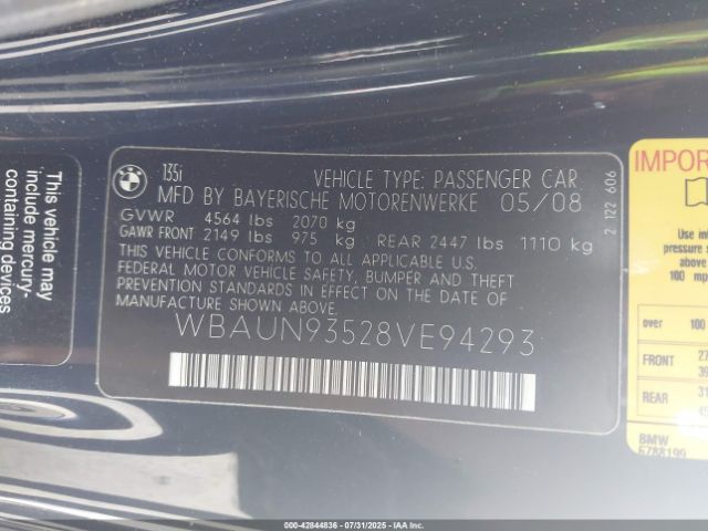 2008 BMW 135I WBAUN93528VE94293 Photo 8