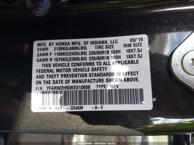 42844861 :رقم المزاد ، 7FARW2H50KE010666 vin ، 2019 Honda Cr-v Ex مزاد بيع