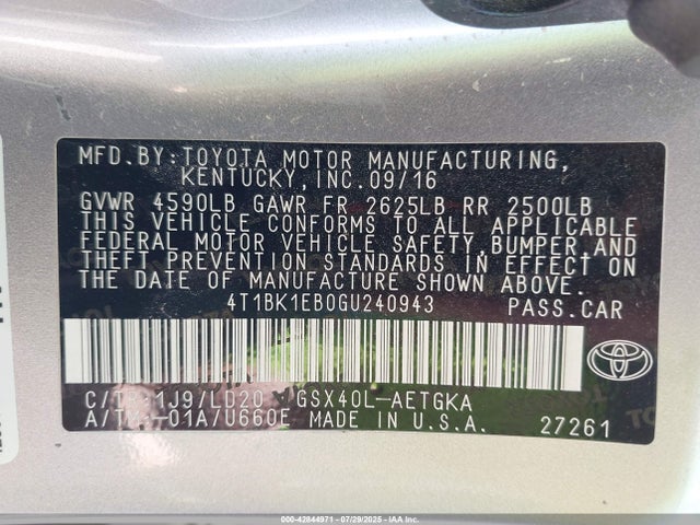 Toyota 2gr-fe 2016 4T1BK1EB0GU240943 Image 9