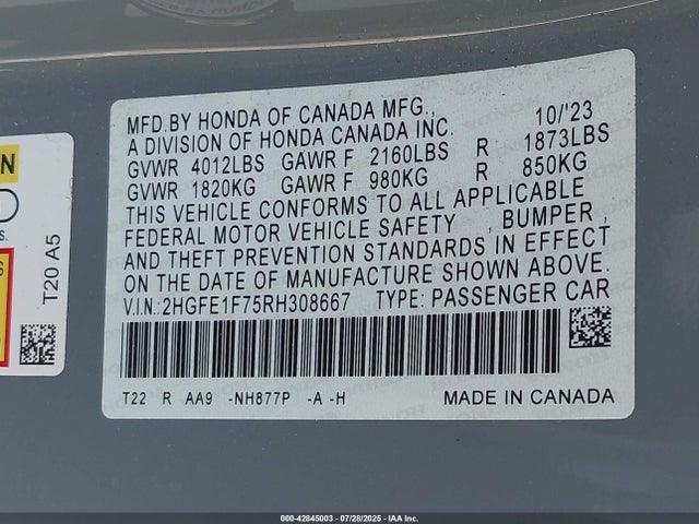 Honda l15b7 2024 2HGFE1F75RH308667 Image 9