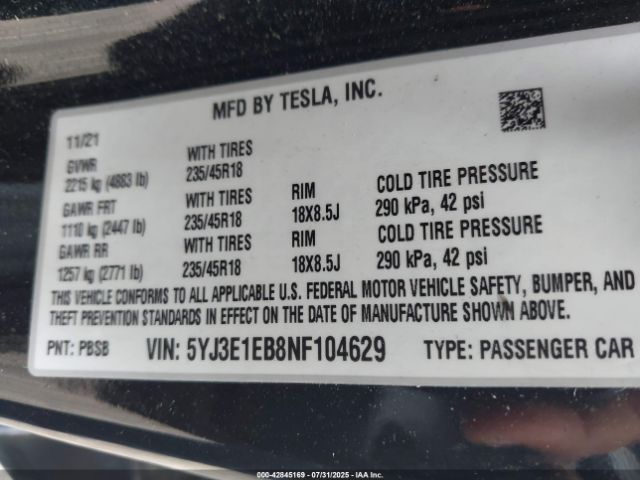 2022 TESLA MODEL 3 5YJ3E1EB8NF104629 Photo 8