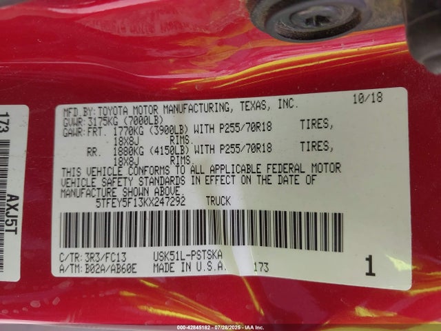 5TFEY5F13KX247292 Toyota 3ur-fe