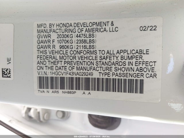 1HGCV1F43NA029249 Honda l15be