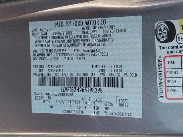 2006 FORD MUSTANG 1ZVFT82H265198298 Photo 8