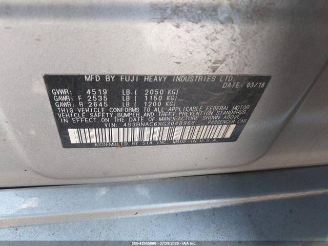 Subaru 2.5l u5 2016 4S3BNAC6XG3048968 Image 9