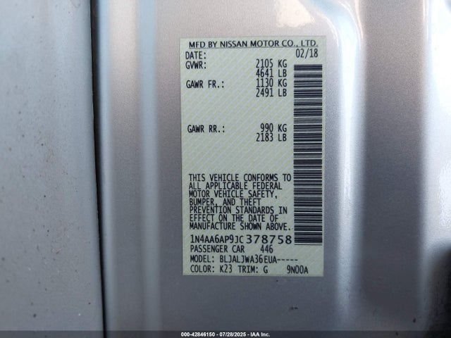 Nissan Maxima 2018 1N4AA6AP9JC378758 Image 9