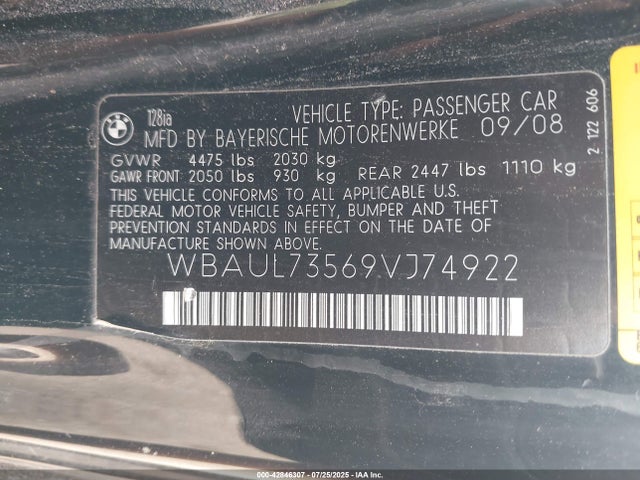 Продаж на аукціоні авто 2009 Bmw 128i, vin: WBAUL73569VJ74922, номер лоту: 42846307