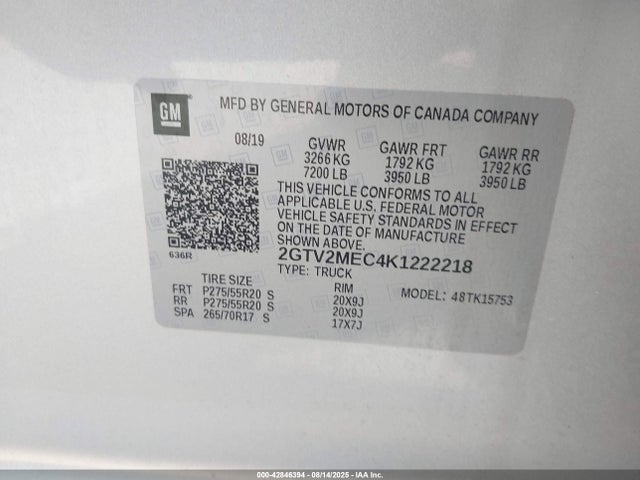 GMC l83 - sidi vvt, afm, e85 max, alum, gm 2019 2GTV2MEC4K1222218 Image 9
