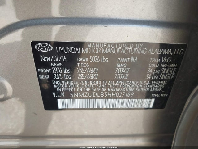 5NMZUDLB3HH027169 Hyundai gdi theta ii