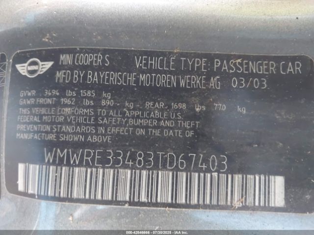2003 MINI COOPER S WMWRE33483TD67403 Photo 8