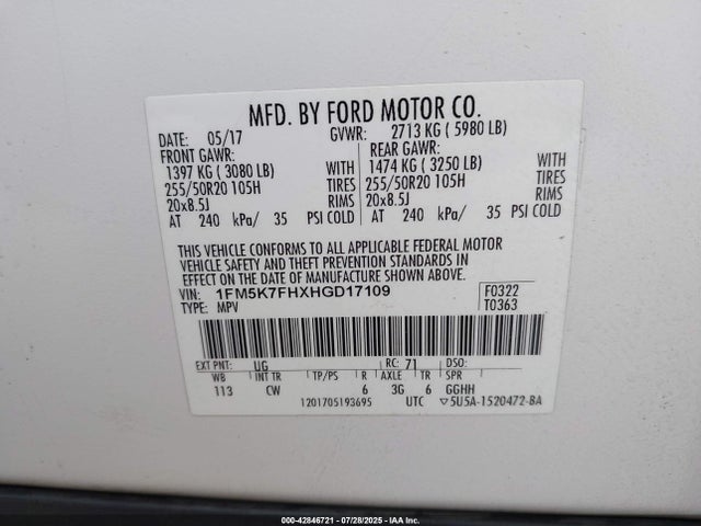 1FM5K7FHXHGD17109 Ford 2.3l gtdi