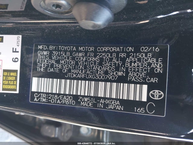 Toyota 2zr-fxe,1nm 2016 JTDKARFUXG3007907 Image 9