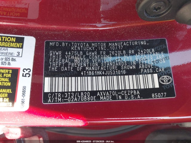 4T1B61HK4JU531016 Toyota a25a-fks