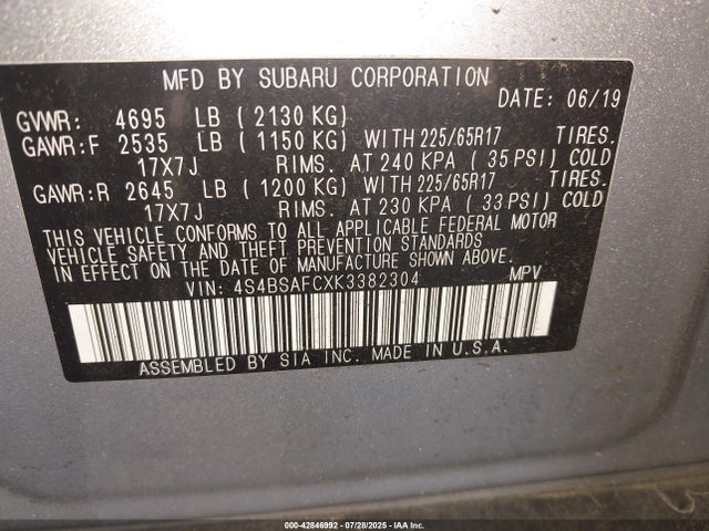 4S4BSAFCXK3382304 Subaru na u5