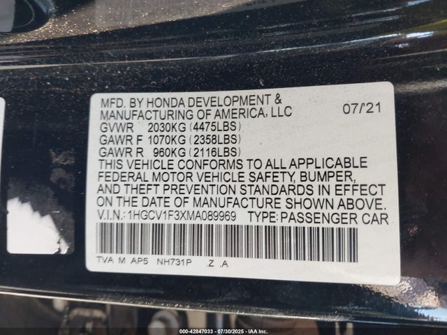 1HGCV1F3XMA089969 Honda l15be