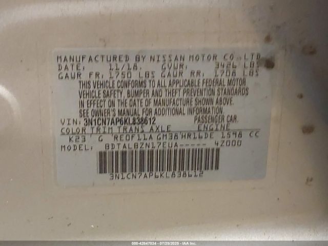 2019 NISSAN VERSA 3N1CN7AP6KL838612 Photo 8