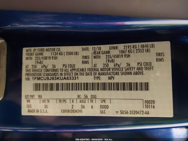 1FMCU9J93KUA63331 Ford 2019