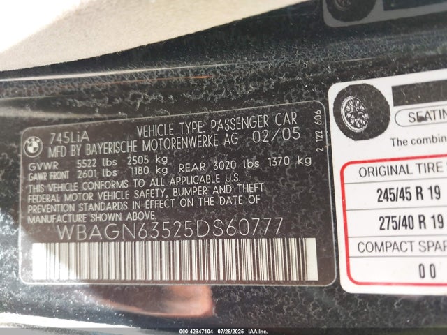 Продажа на аукционе авто 2005 Bmw 745li, vin: WBAGN63525DS60777, номер лота: 42847104
