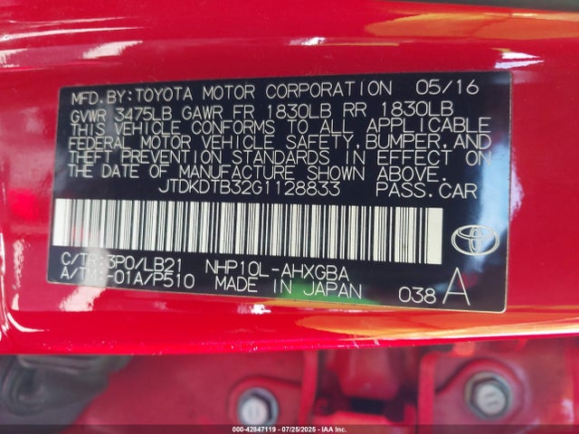 JTDKDTB32G1128833 Toyota 1nz-fxe+1lm