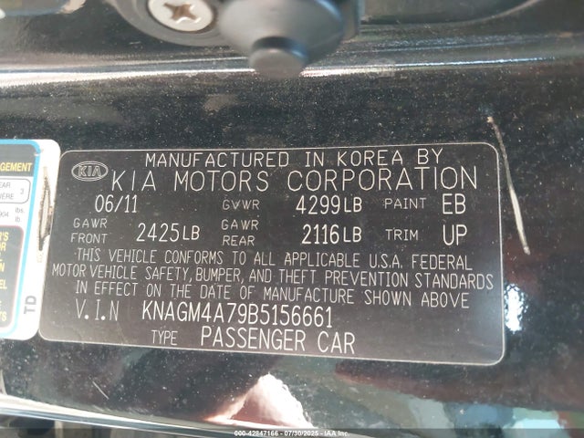 42847166 :رقم المزاد ، KNAGM4A79B5156661 vin ، 2011 Kia Optima Lx مزاد بيع