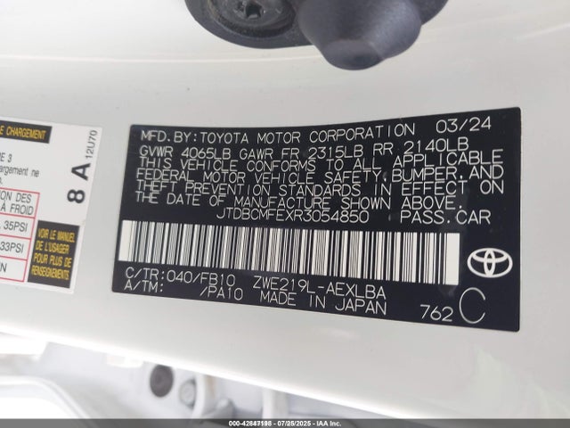 42847198 :رقم المزاد ، JTDBCMFEXR3054850 vin ، 2024 Toyota Corolla Hybrid Le مزاد بيع