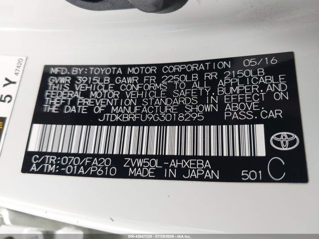 JTDKBRFU9G3018295 Toyota 2zr-fxe,1nm
