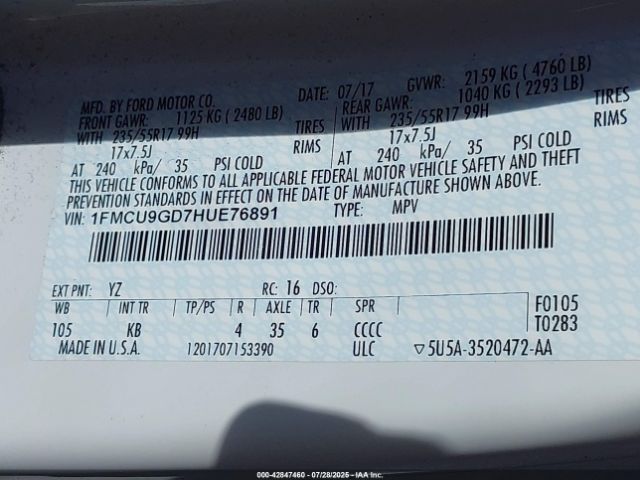 2017 FORD ESCAPE 1FMCU9GD7HUE76891 Photo 8