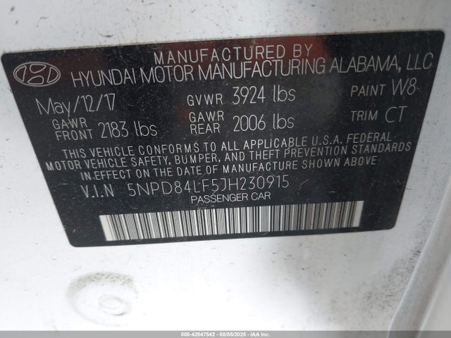5NPD84LF5JH230915 Hyundai mpi nu