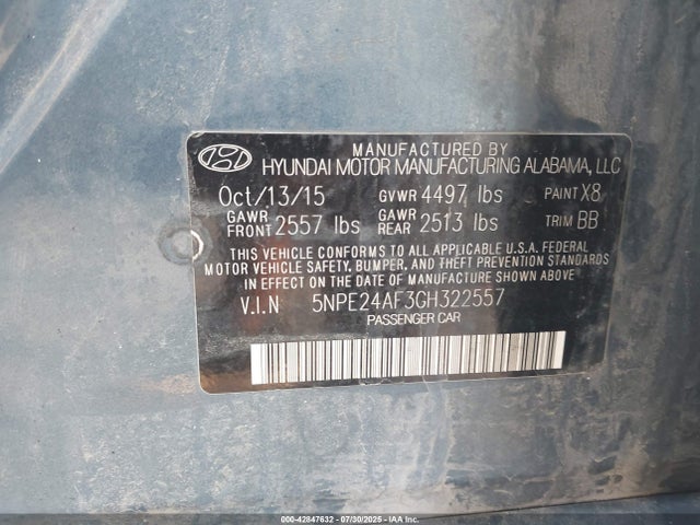 5NPE24AF3GH322557 Hyundai dohc gdi theta-ii