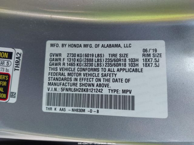 2019 HONDA ODYSSEY 5FNRL6H28KB121242 Photo 8