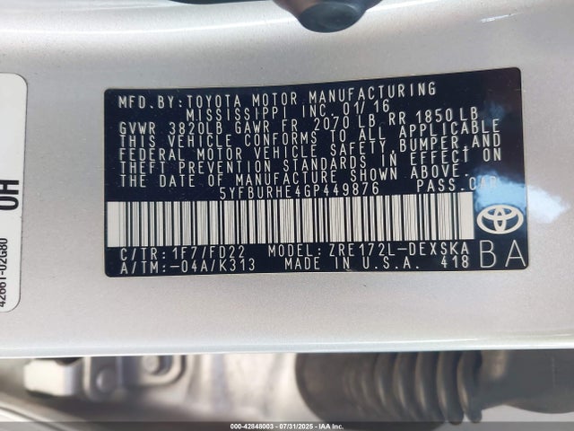 Toyota 2zr-fe 2016 5YFBURHE4GP449876 Image 9