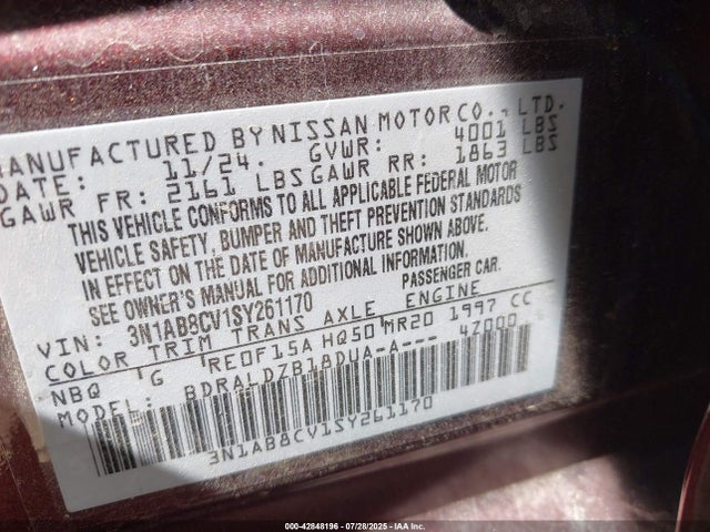3N1AB8CV1SY261170 Nissan 2025
