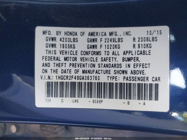 1HGCR2F49GA063760 Honda k24w1