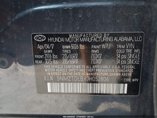 5NMZTDLBXJH052806 Hyundai gdi theta ii