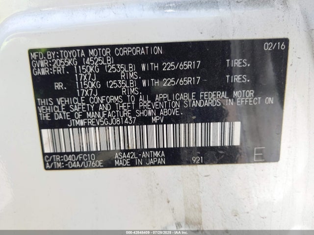 Toyota 2ar-fe 2016 JTMWFREV5GJ081437 Image 9