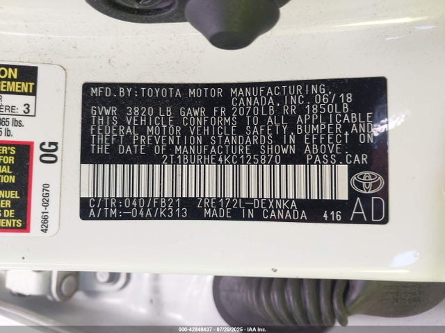 Toyota 2zr-fe 2019 2T1BURHE4KC125870 Image 9