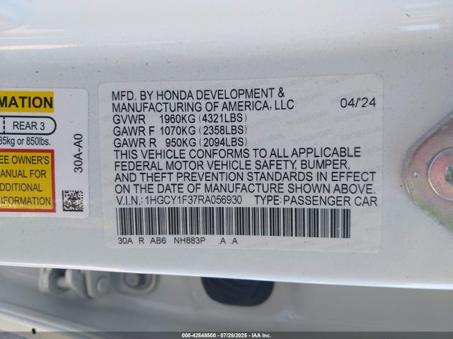 1HGCY1F37RA056930 Honda l15be