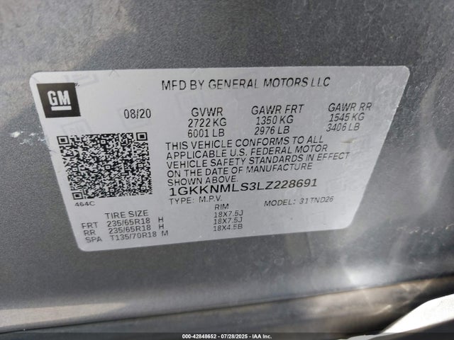 1GKKNMLS3LZ228691 GMC lgx - direct injection, variable valve timing, alum, gen 2