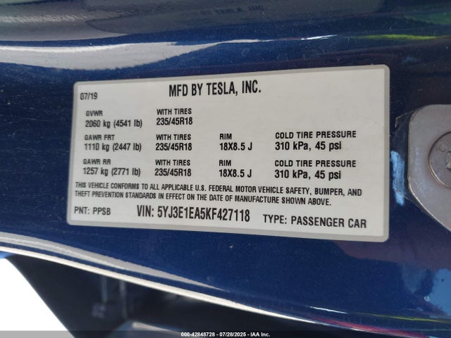 2019 TESLA MODEL 3 5YJ3E1EA5KF427118 Photo 8