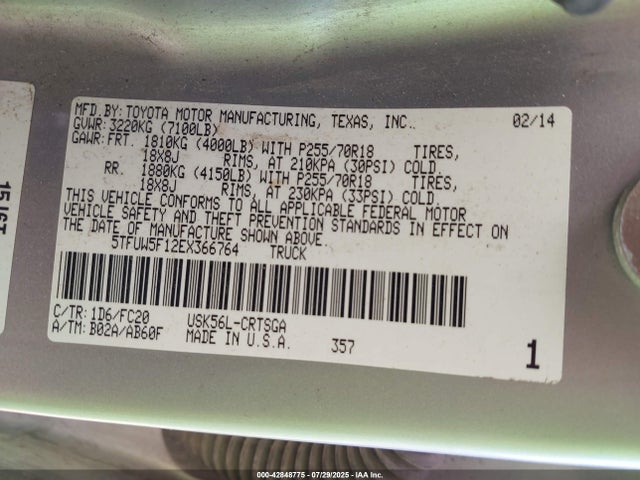 5TFUW5F12EX366764 Toyota 3ur-fbe