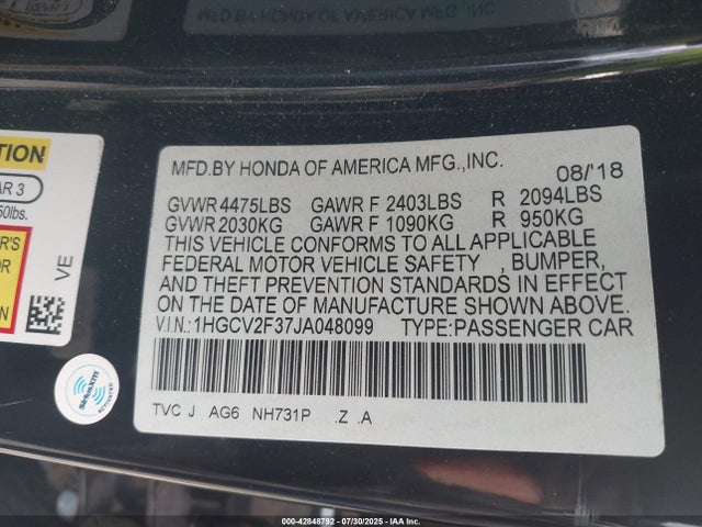 Honda k20c4 2018 1HGCV2F37JA048099 Image 9