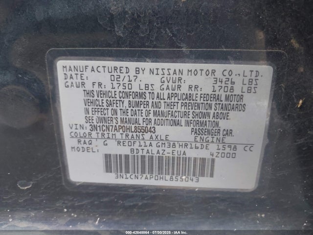 Nissan Versa 2017 3N1CN7AP0HL855043 Image 9