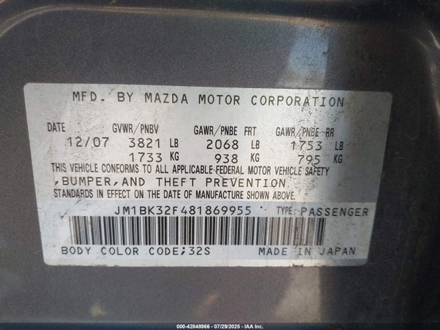 42848966 :رقم المزاد ، JM1BK32F481869955 vin ، 2008 Mazda Mazda3 I مزاد بيع