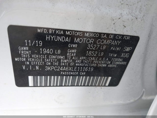 3KPC24A6XLE111619 Hyundai 1.6l dohc mpi gamma ii