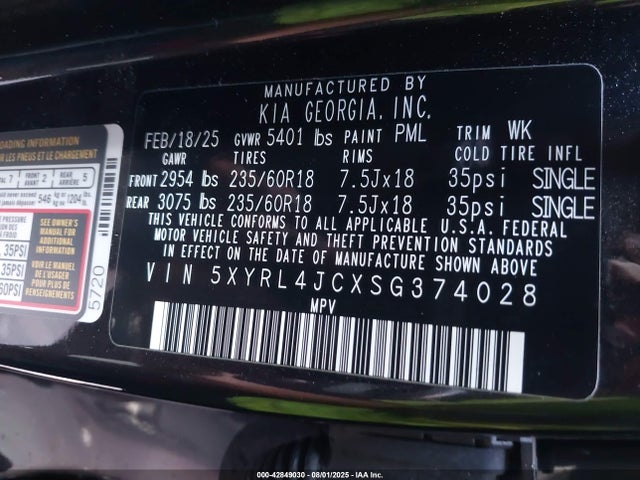 5XYRL4JCXSG374028 KIA gdi theta-iii